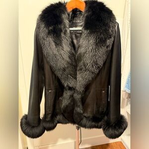 Real Black Fox Fur Trim Leather Jacket – Size L – Hip Length